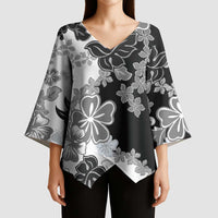 Gray Scale Hibiscus Plumeria Floral Kimono Sleeve Blouse - Polynesian Pride