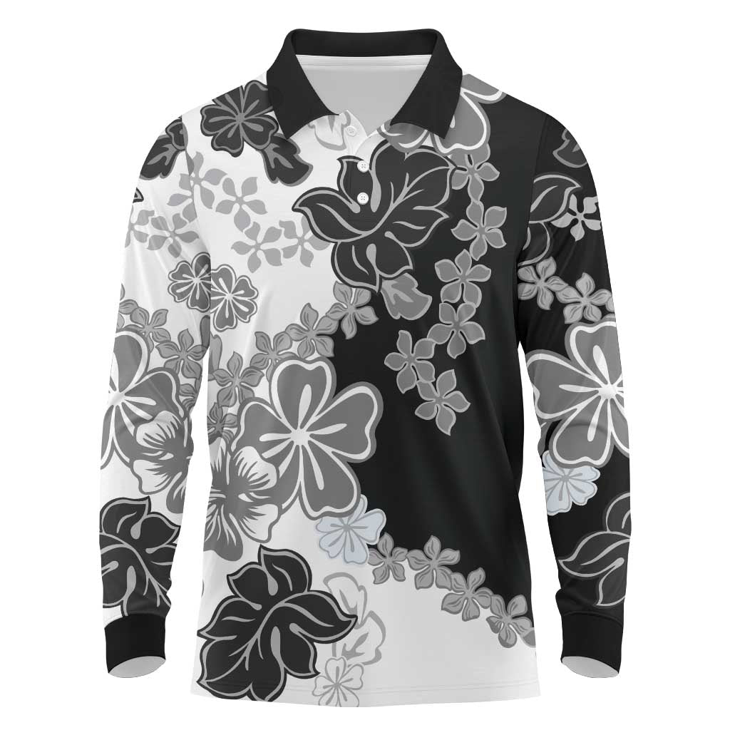 Gray Scale Hibiscus Plumeria Floral Long Sleeve Polo Shirt - Polynesian Pride
