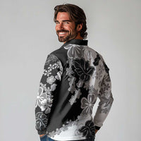 Gray Scale Hibiscus Plumeria Floral Long Sleeve Polo Shirt LT01 - Polynesian Pride