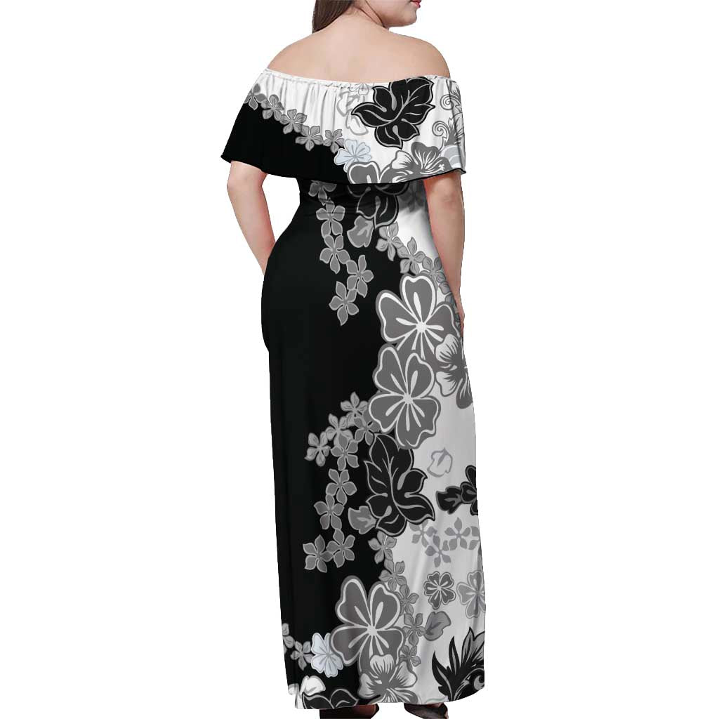 Gray Scale Hibiscus Plumeria Floral Off Shoulder Maxi Dress - Polynesian Pride