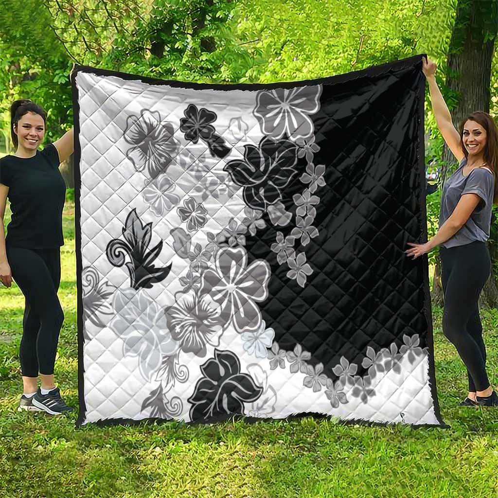 Gray Scale Hibiscus Plumeria Floral Quilt - Polynesian Pride