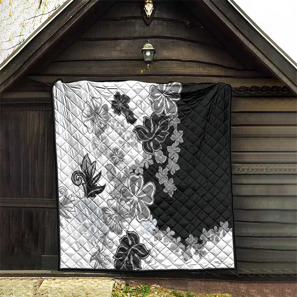 Gray Scale Hibiscus Plumeria Floral Quilt - Polynesian Pride