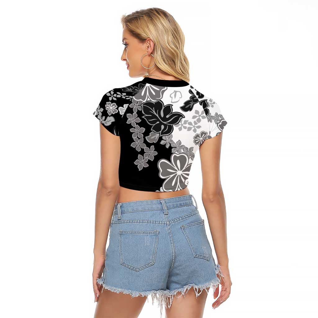 Gray Scale Hibiscus Plumeria Floral Raglan Cropped T Shirt - Polynesian Pride