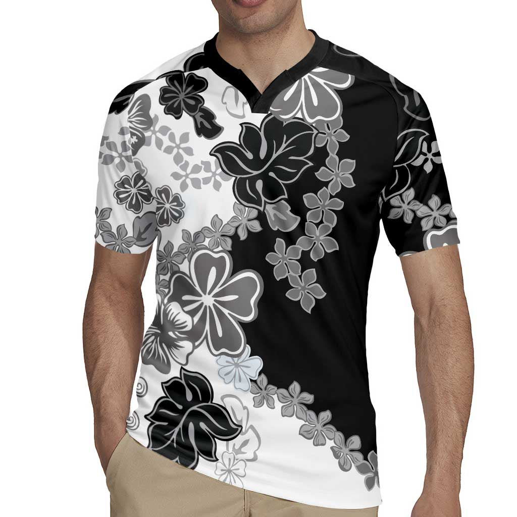 Gray Scale Hibiscus Plumeria Floral Rugby Jersey - Polynesian Pride