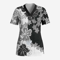 Gray Scale Hibiscus Plumeria Floral Scrub Top - Polynesian Pride
