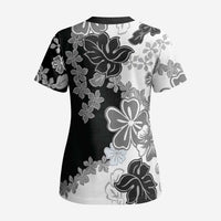 Gray Scale Hibiscus Plumeria Floral Scrub Top - Polynesian Pride