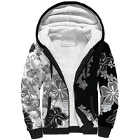 Gray Scale Hibiscus Plumeria Floral Sherpa Hoodie - Polynesian Pride