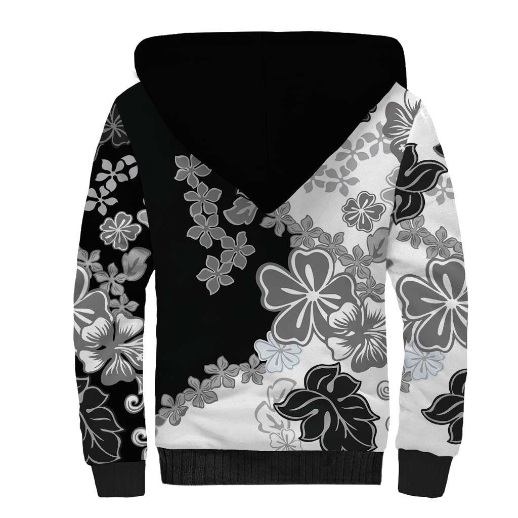 Gray Scale Hibiscus Plumeria Floral Sherpa Hoodie - Polynesian Pride