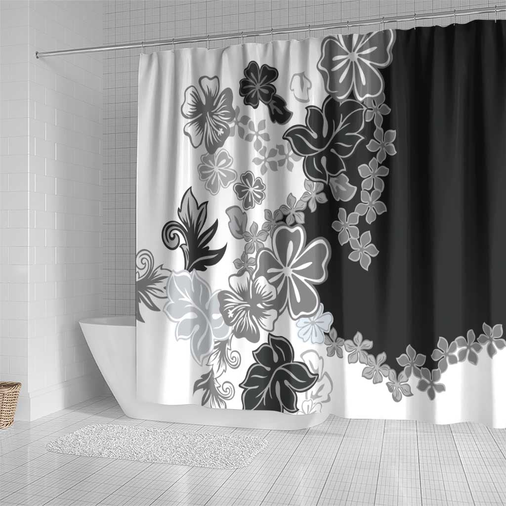 Gray Scale Hibiscus Plumeria Floral Shower Curtain - Polynesian Pride