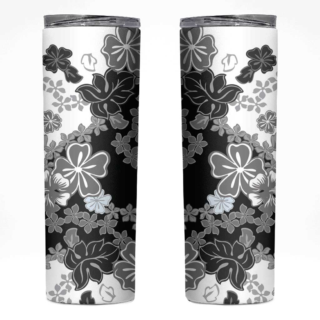 Gray Scale Hibiscus Plumeria Floral Skinny Tumbler - Polynesian Pride