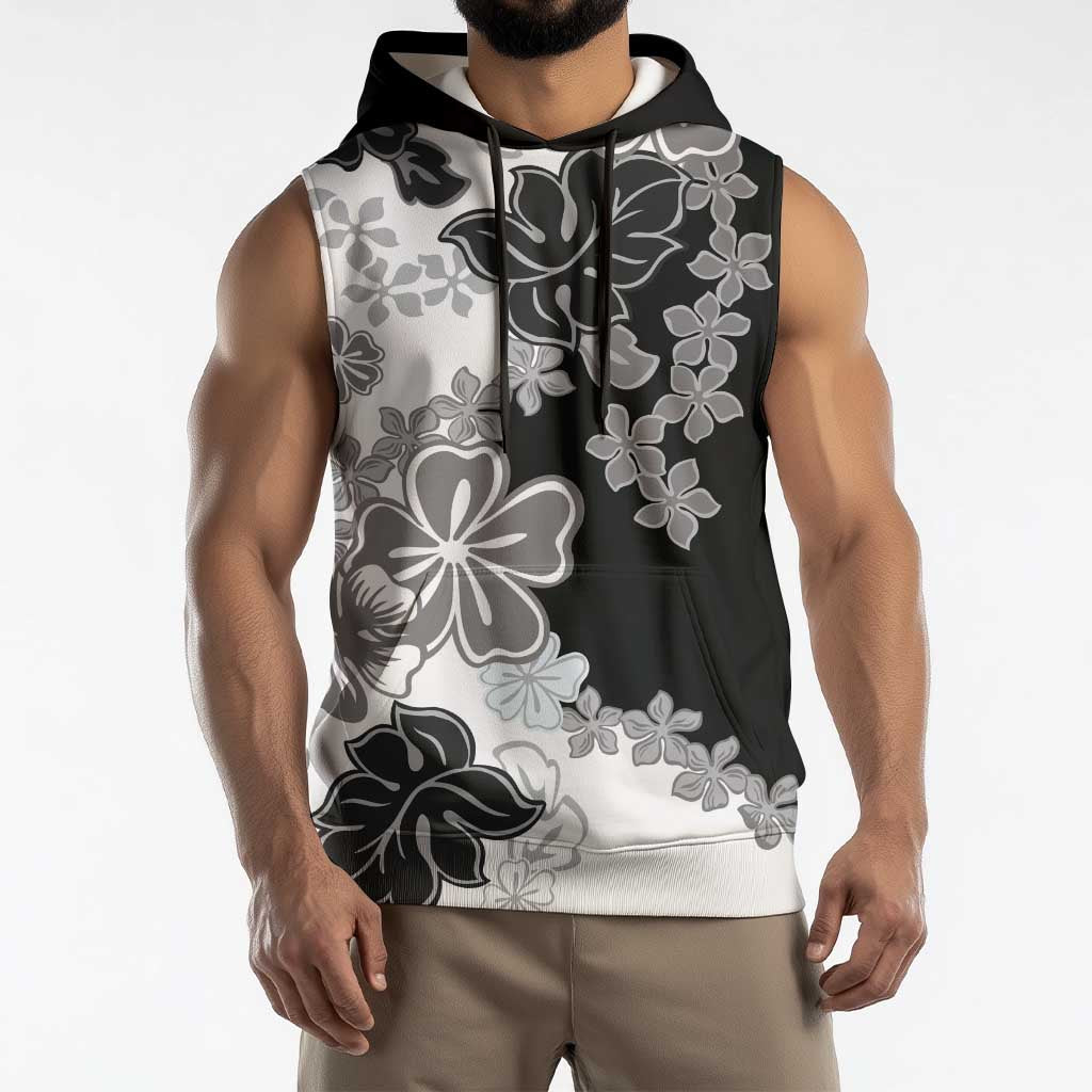 Gray Scale Hibiscus Plumeria Floral Sleeveless Hoodie LT01 - Polynesian Pride