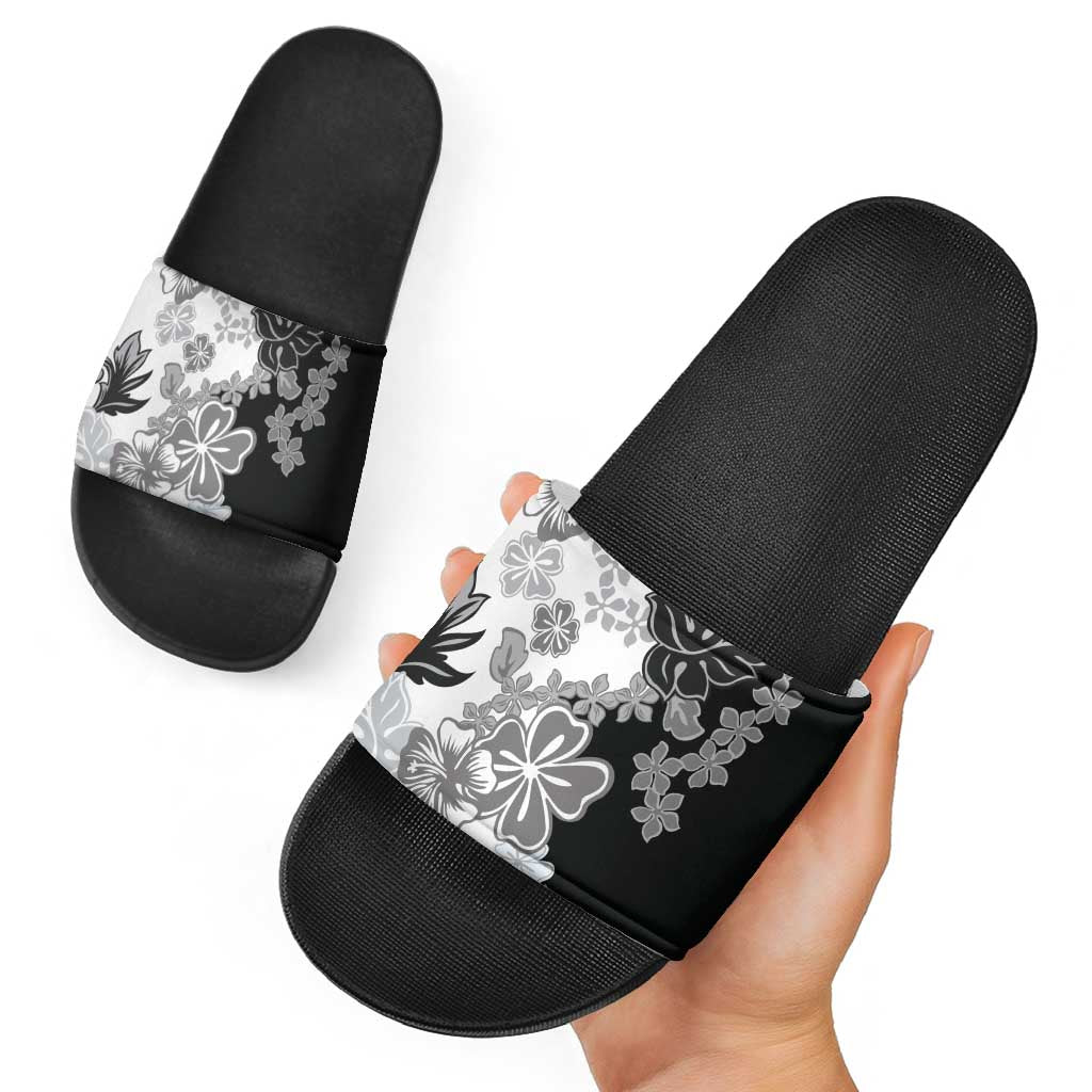 Gray Scale Hibiscus Plumeria Floral Slide Sandals - Polynesian Pride
