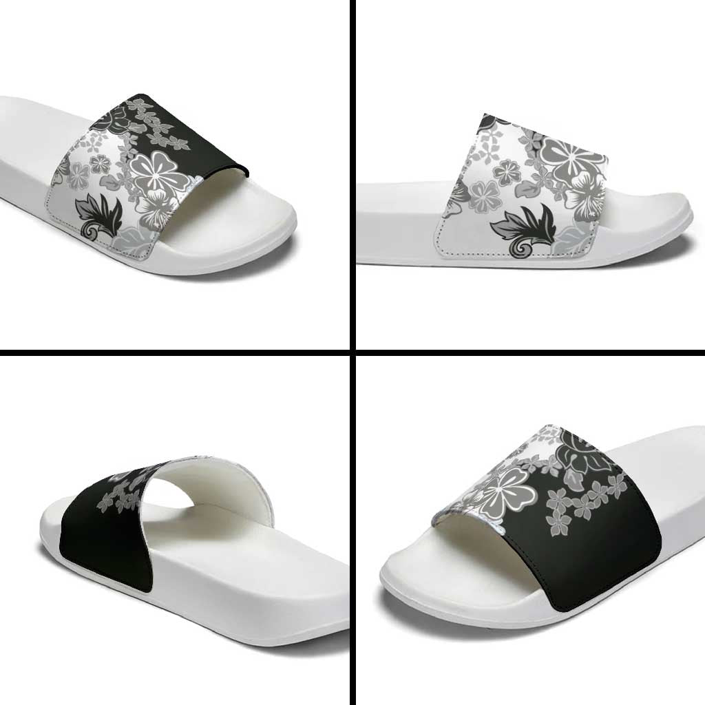 Gray Scale Hibiscus Plumeria Floral Slide Sandals - Polynesian Pride