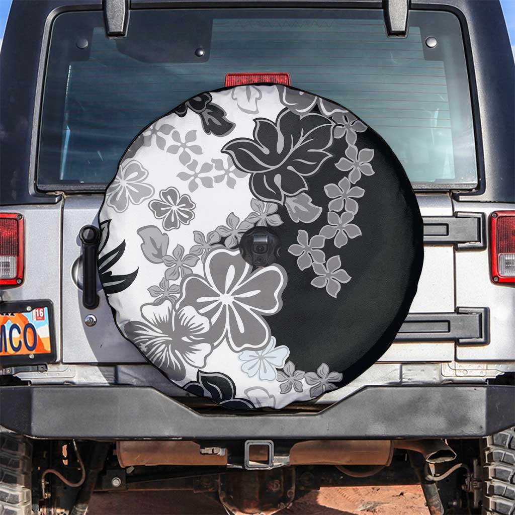 Gray Scale Hibiscus Plumeria Floral Spare Tire Cover LT01 Black - Polynesian Pride