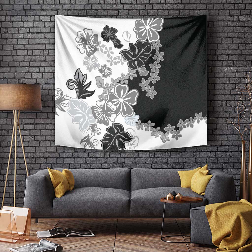 Gray Scale Hibiscus Plumeria Floral Tapestry - Polynesian Pride