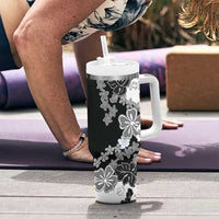Gray Scale Hibiscus Plumeria Floral Tumbler With Handle - Polynesian Pride