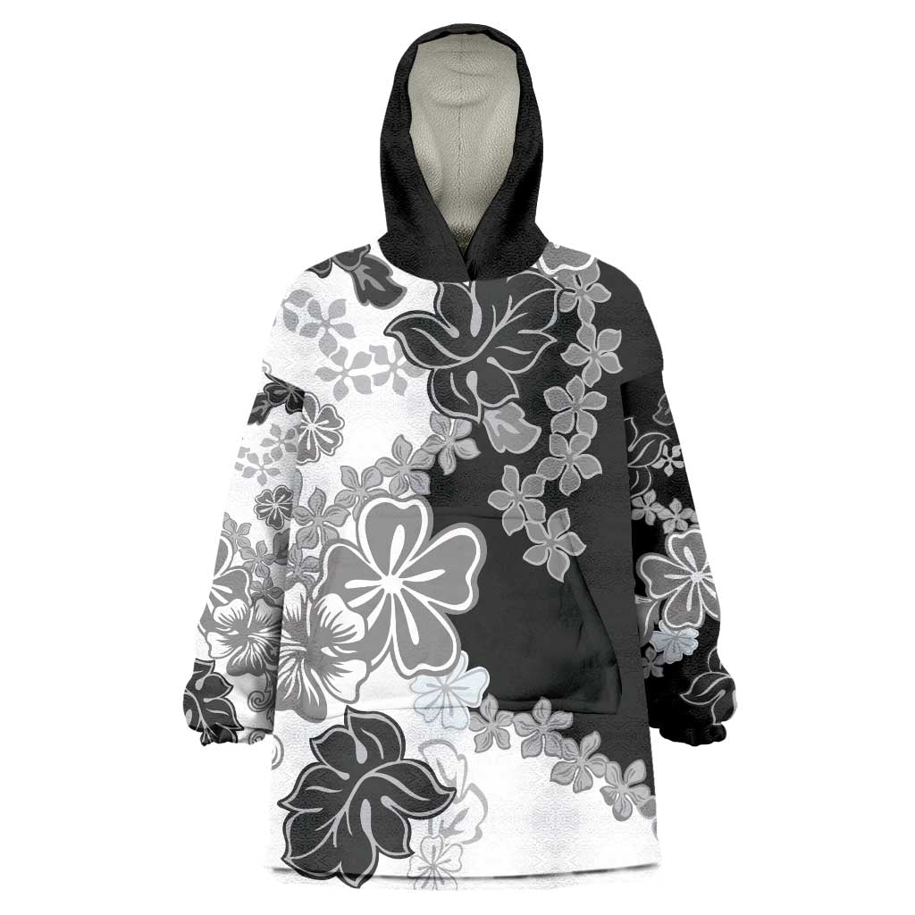 Gray Scale Hibiscus Plumeria Floral Wearable Blanket Hoodie LT01 One Size Black - Polynesian Pride