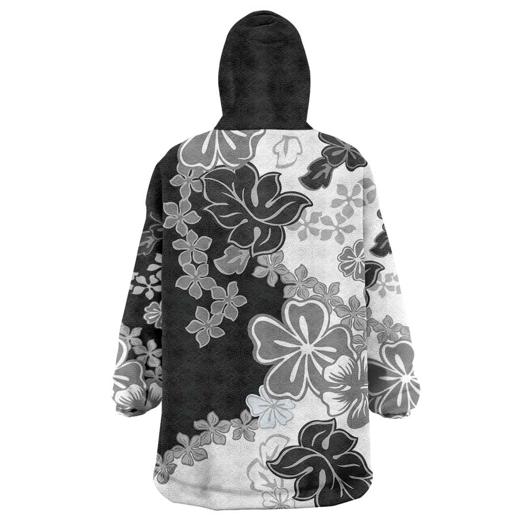 Gray Scale Hibiscus Plumeria Floral Wearable Blanket Hoodie LT01 - Polynesian Pride