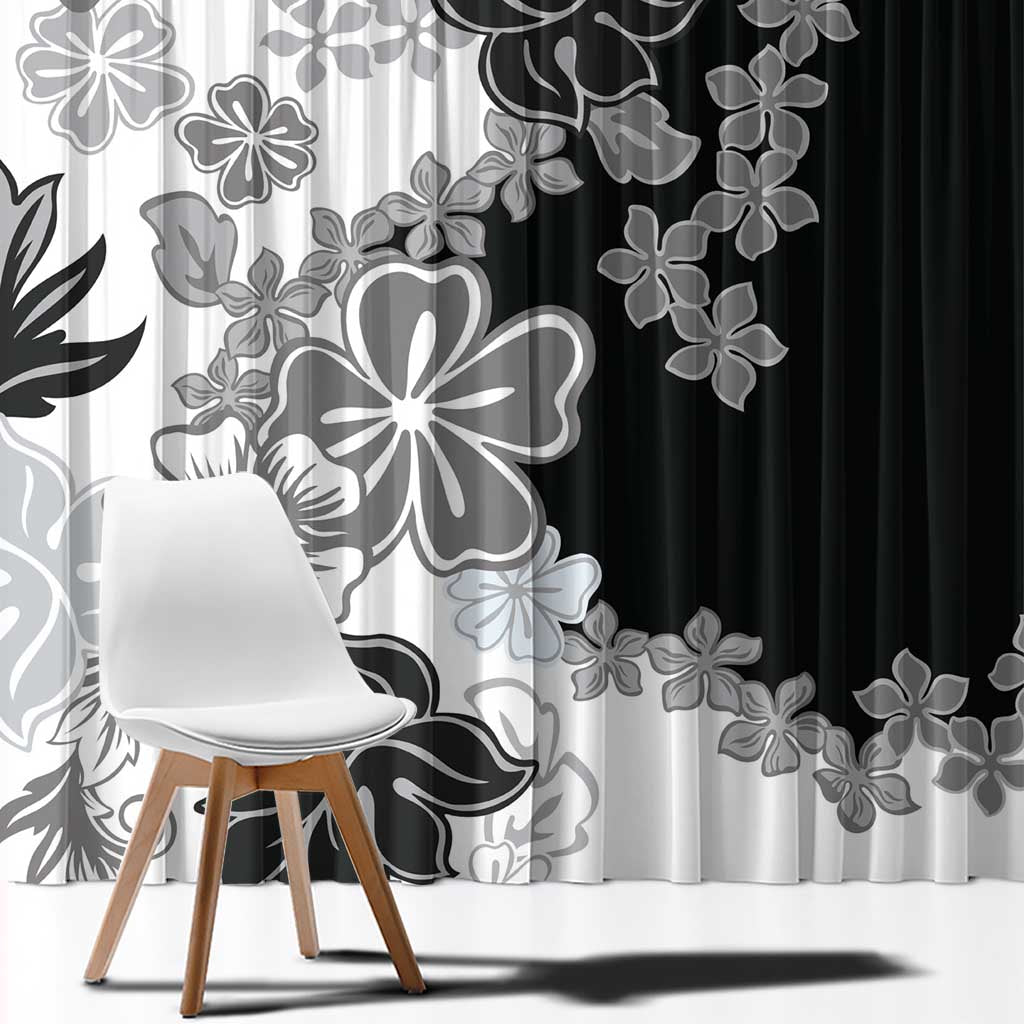 Gray Scale Hibiscus Plumeria Floral Window Curtain - Polynesian Pride