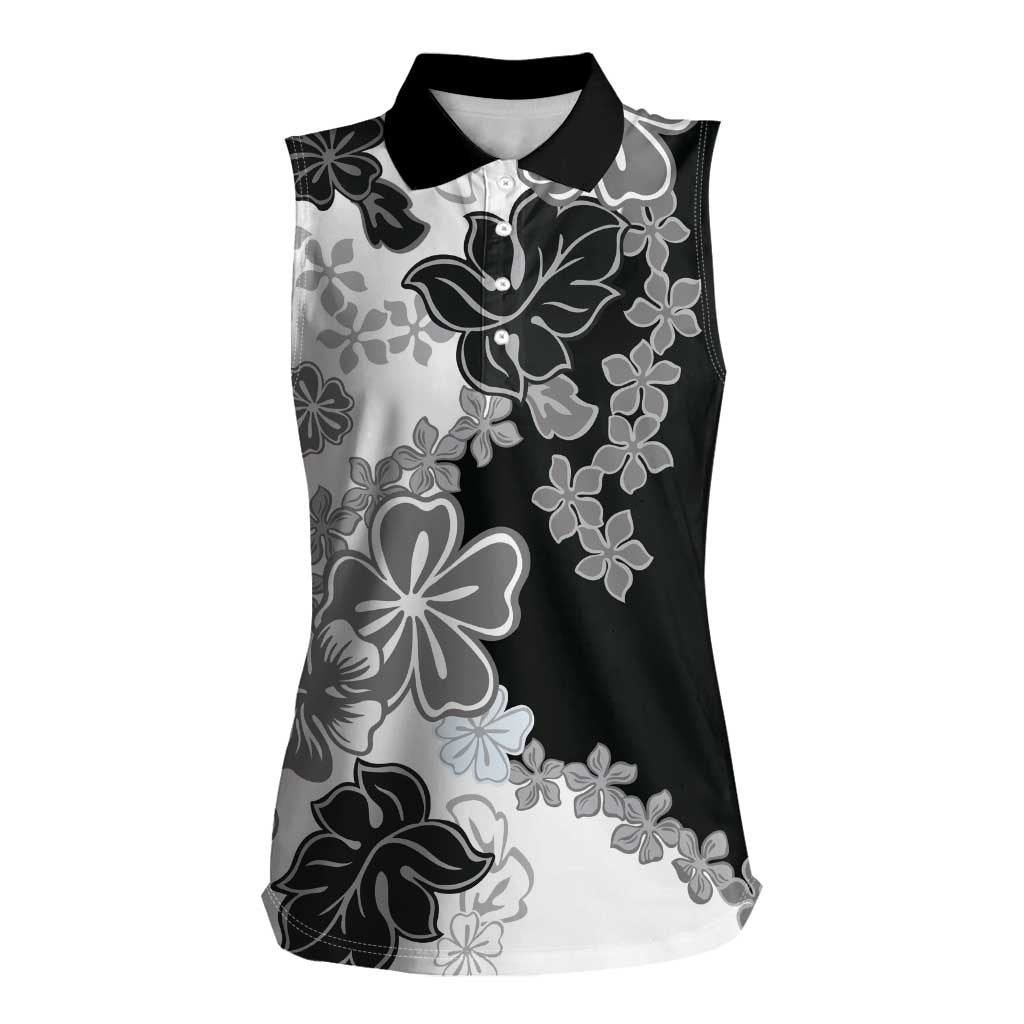Gray Scale Hibiscus Plumeria Floral Women Sleeveless Polo Shirt - Polynesian Pride