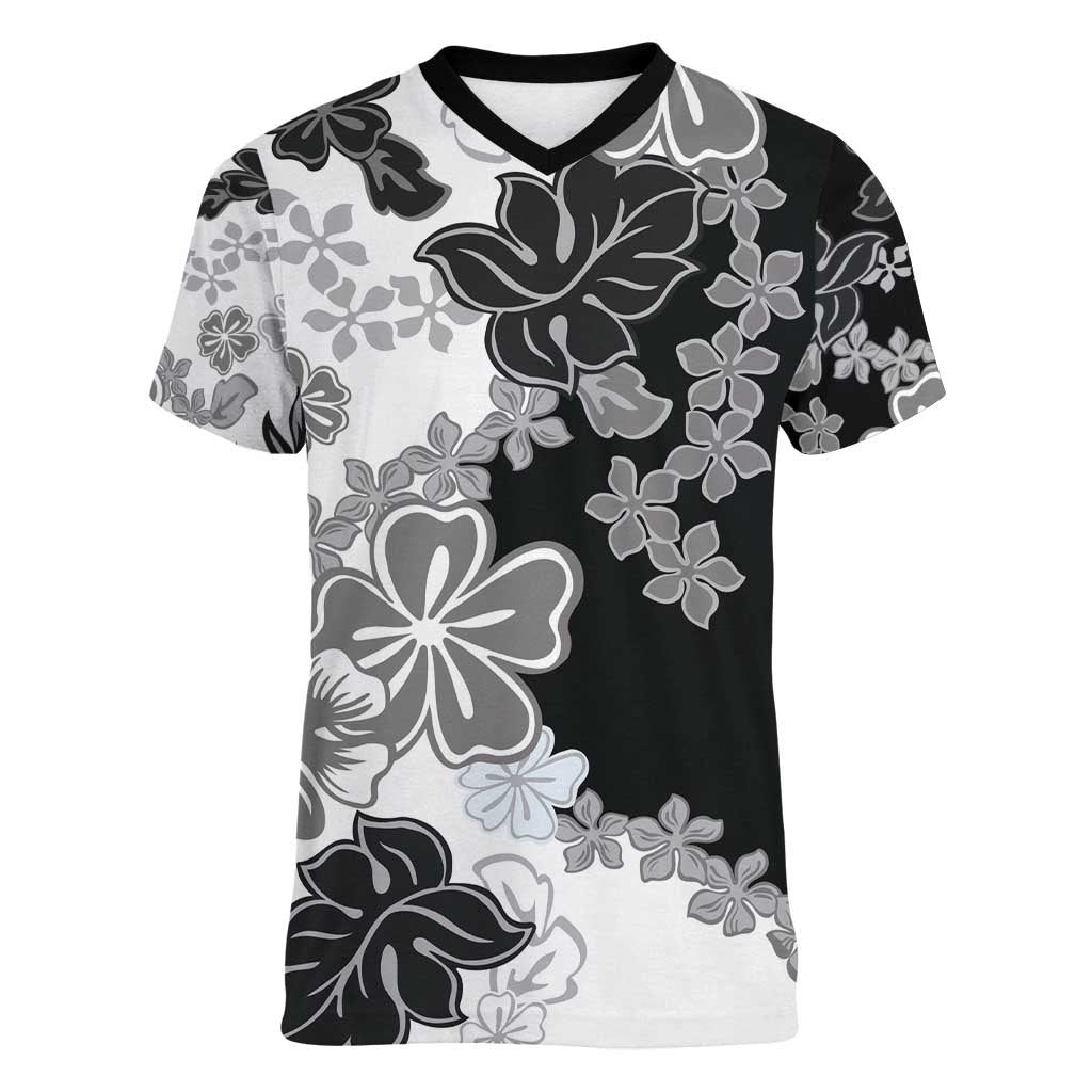 Gray Scale Hibiscus Plumeria Floral Women V-Neck T-Shirt LT01 Female Black - Polynesian Pride
