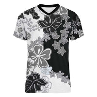 Gray Scale Hibiscus Plumeria Floral Women V-Neck T-Shirt - Polynesian Pride