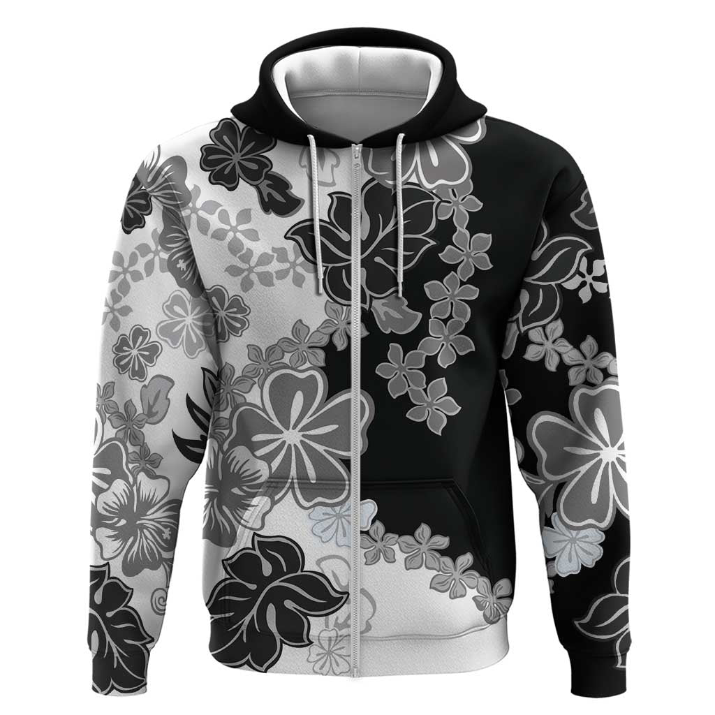 Gray Scale Hibiscus Plumeria Floral Zip Hoodie LT01 Zip Hoodie Black - Polynesian Pride