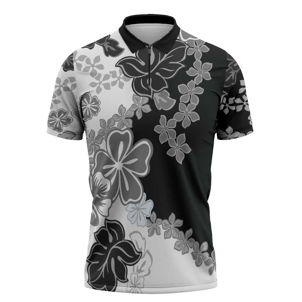 Gray Scale Hibiscus Plumeria Floral Zipper Polo Shirt - Polynesian Pride