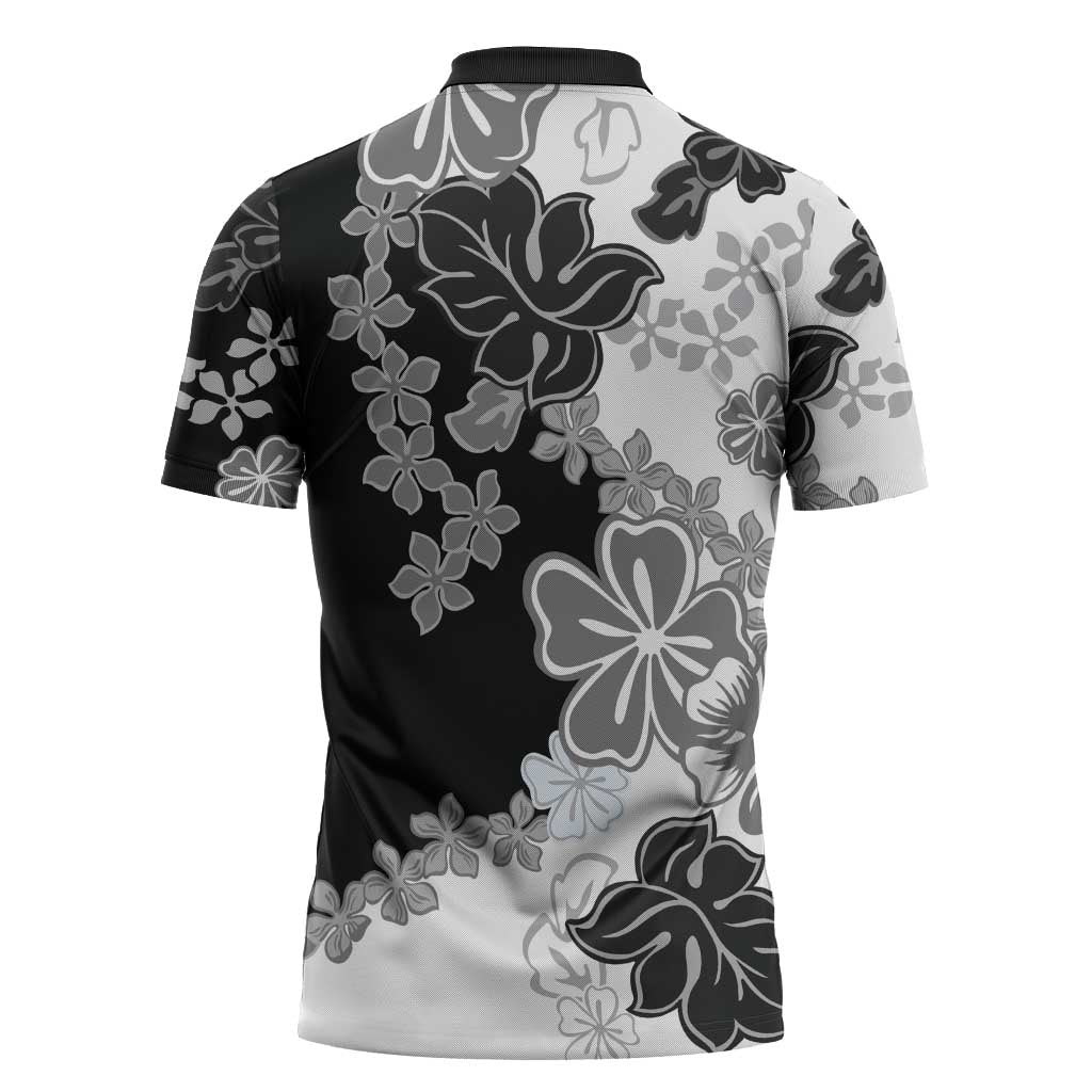 Gray Scale Hibiscus Plumeria Floral Zipper Polo Shirt LT01 - Polynesian Pride