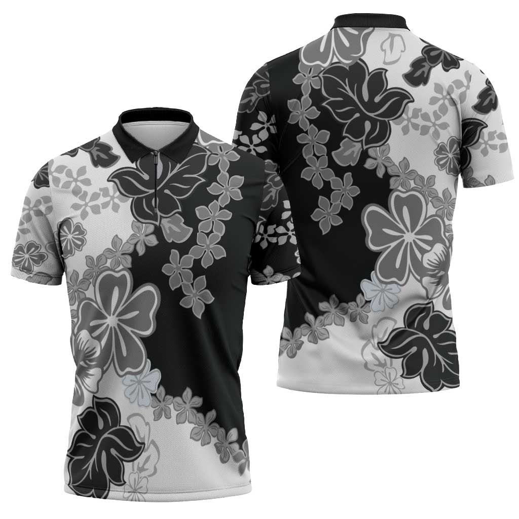 Gray Scale Hibiscus Plumeria Floral Zipper Polo Shirt LT01 - Polynesian Pride