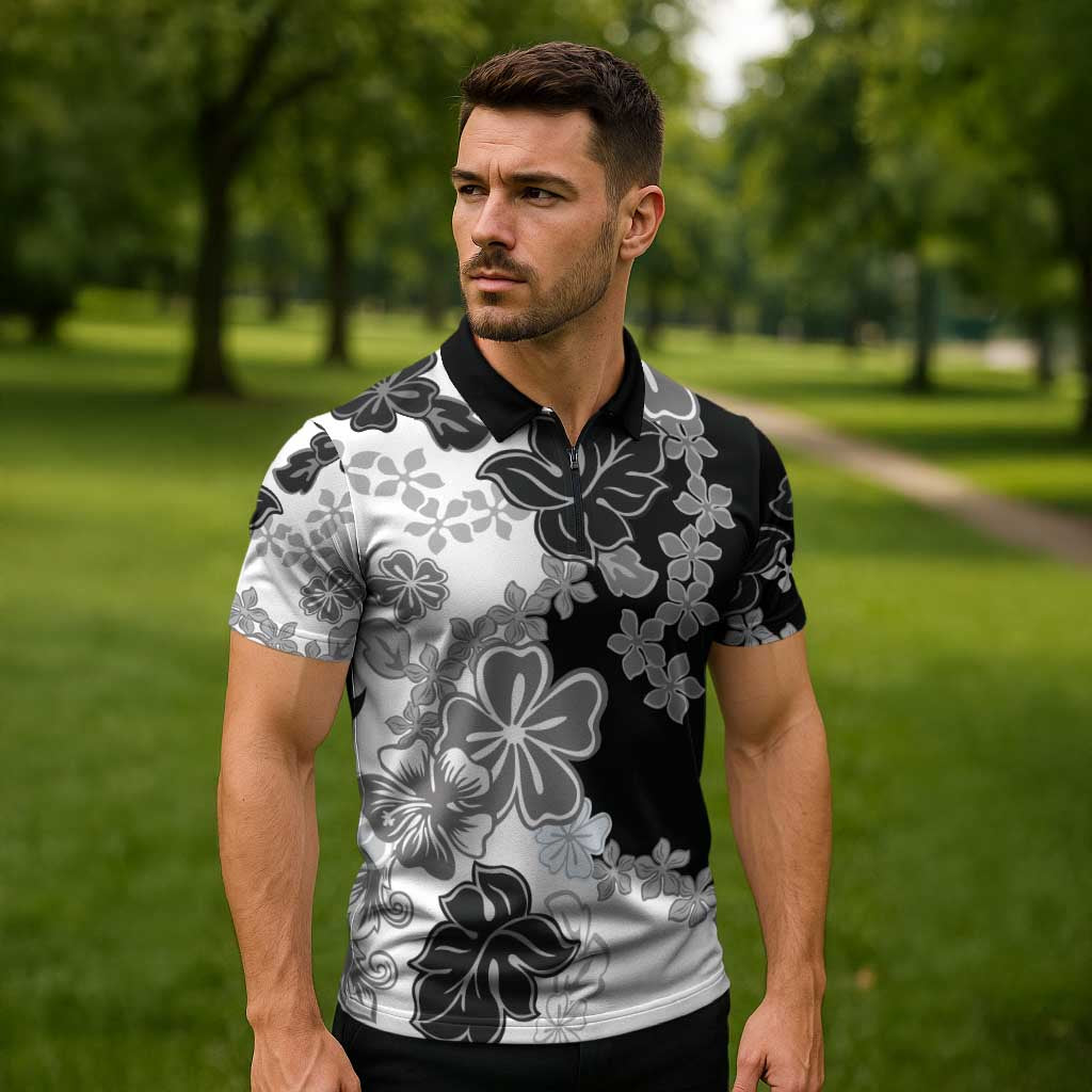 Gray Scale Hibiscus Plumeria Floral Zipper Polo Shirt LT01 - Polynesian Pride