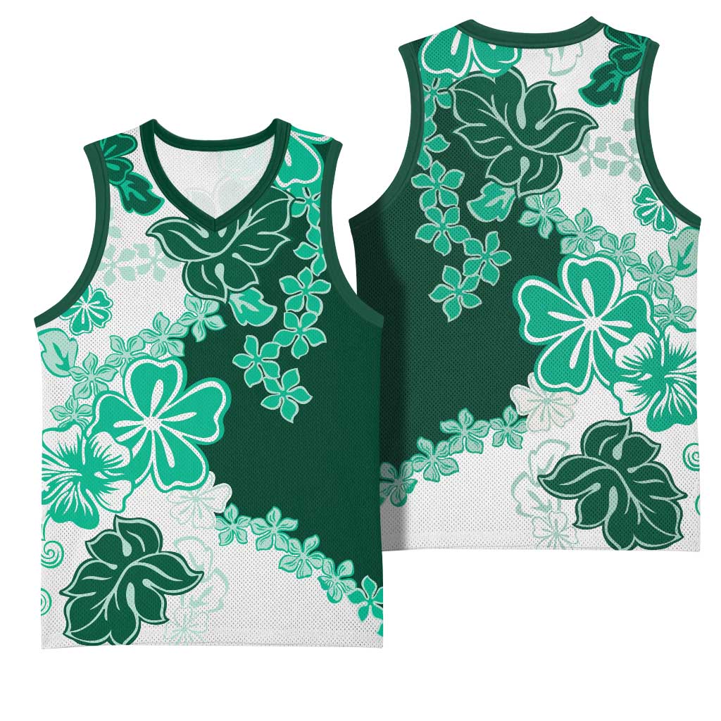 Green Hibiscus Plumeria Floral Basketball Jersey - Polynesian Pride