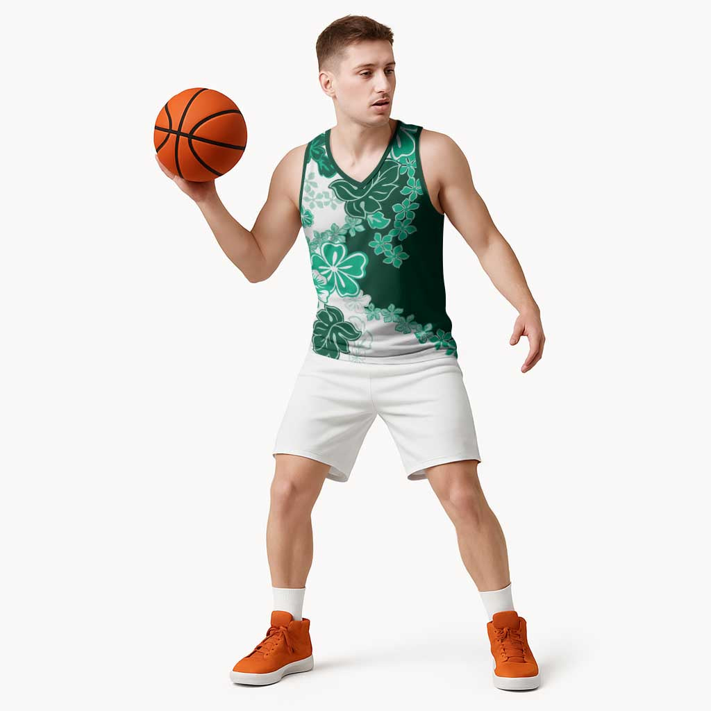 Green Hibiscus Plumeria Floral Basketball Jersey - Polynesian Pride