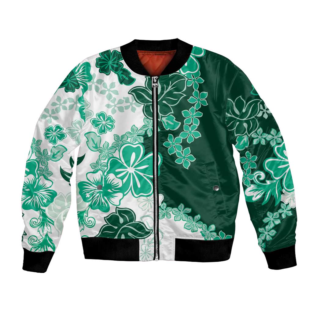 Green Hibiscus Plumeria Floral Bomber Jacket - Polynesian Pride