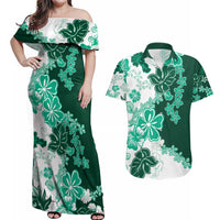 Green Hibiscus Plumeria Floral Couples Matching Off Shoulder Maxi Dress and Hawaiian Shirt - Polynesian Pride