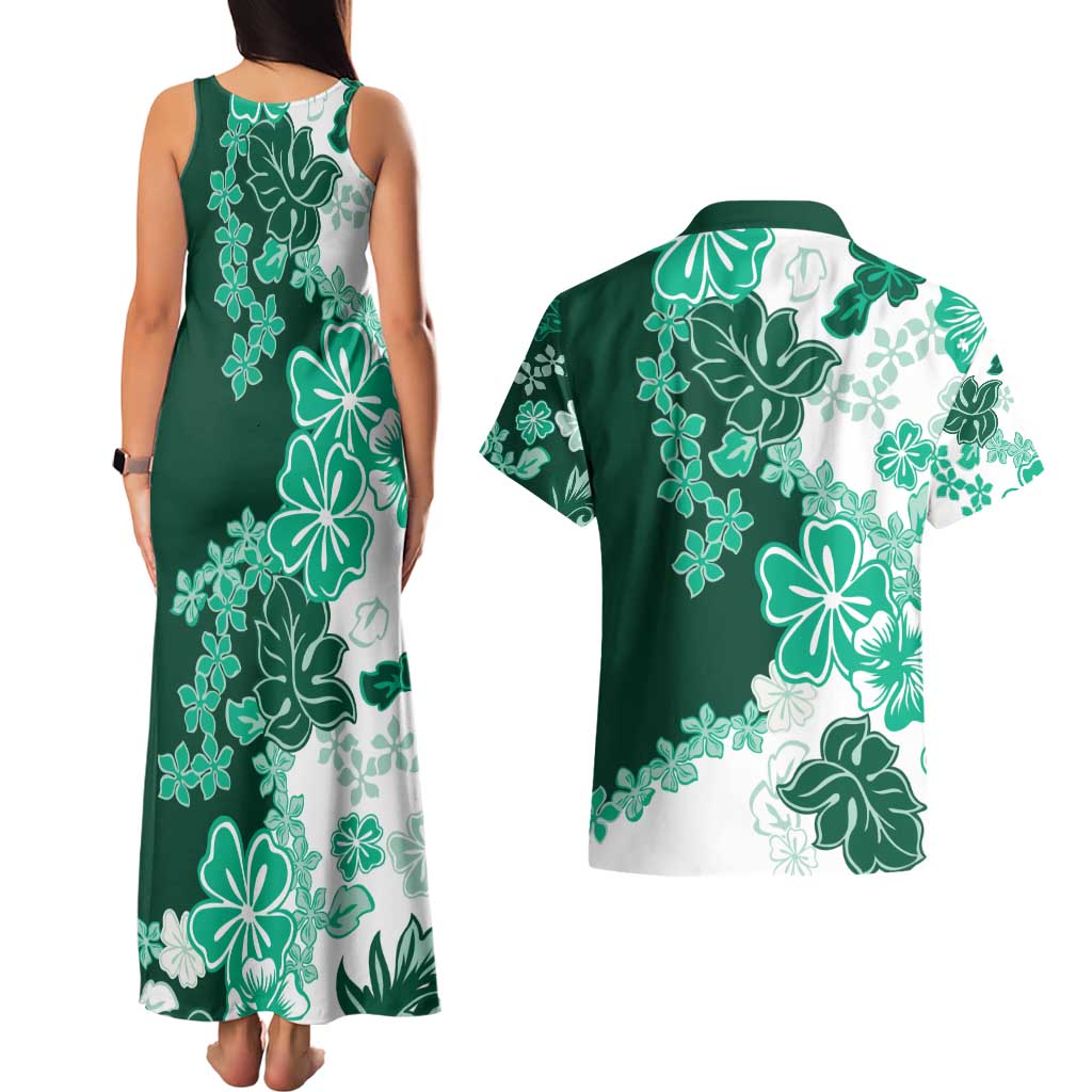 Green Hibiscus Plumeria Floral Couples Matching Tank Maxi Dress and Hawaiian Shirt - Polynesian Pride