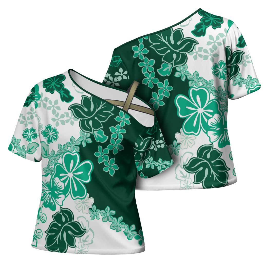 Green Hibiscus Plumeria Floral Cross Shoulder Shirt - Polynesian Pride