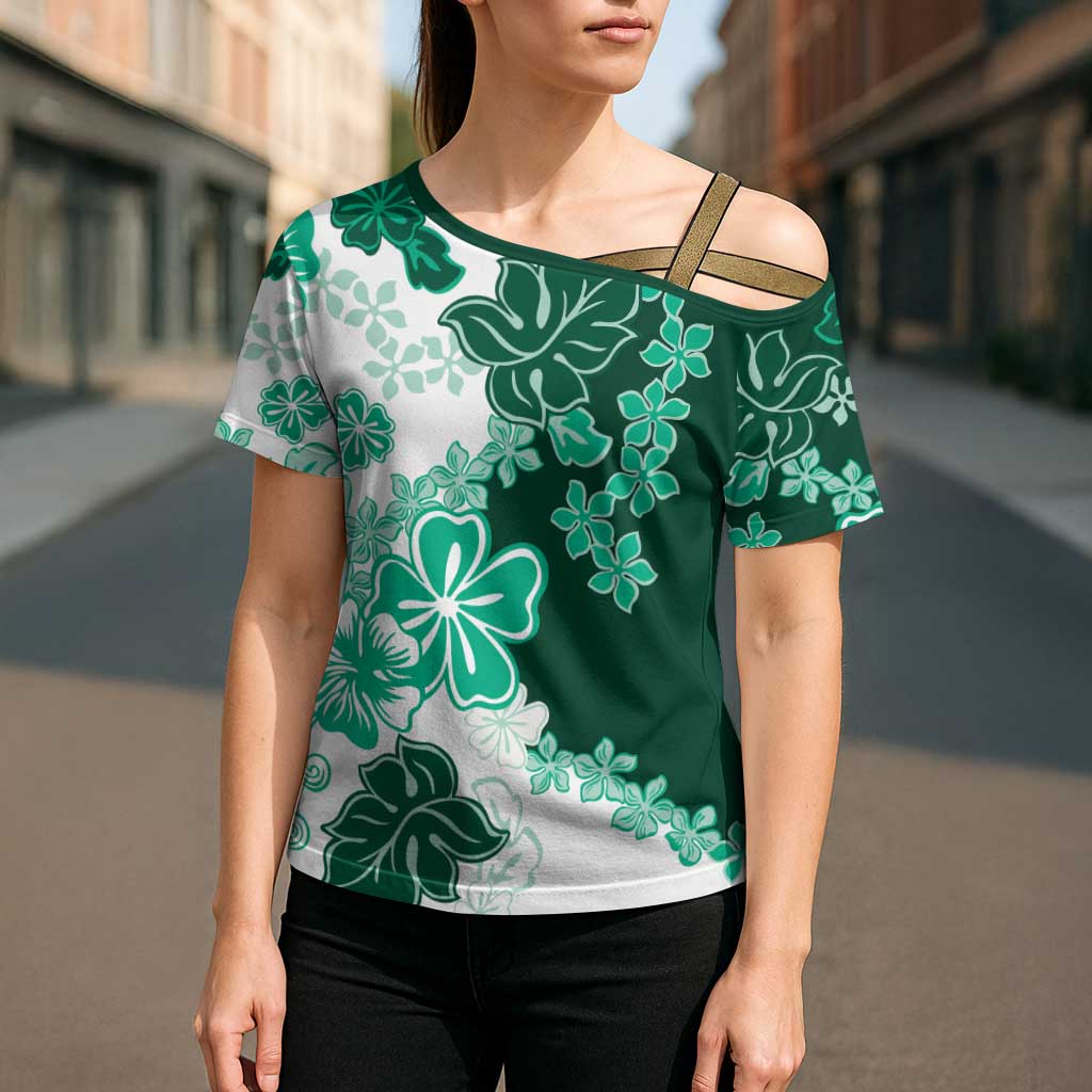 Green Hibiscus Plumeria Floral Cross Shoulder Shirt - Polynesian Pride