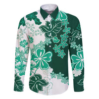 Green Hibiscus Plumeria Floral Family Matching Mermaid Dress and Hawaiian Shirt LT01 Dad's Shirt - Long Sleeve Green - Polynesian Pride