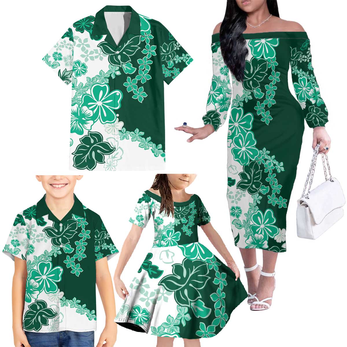 Green Hibiscus Plumeria Floral Family Matching Off The Shoulder Long Sleeve Dress and Hawaiian Shirt - Polynesian Pride