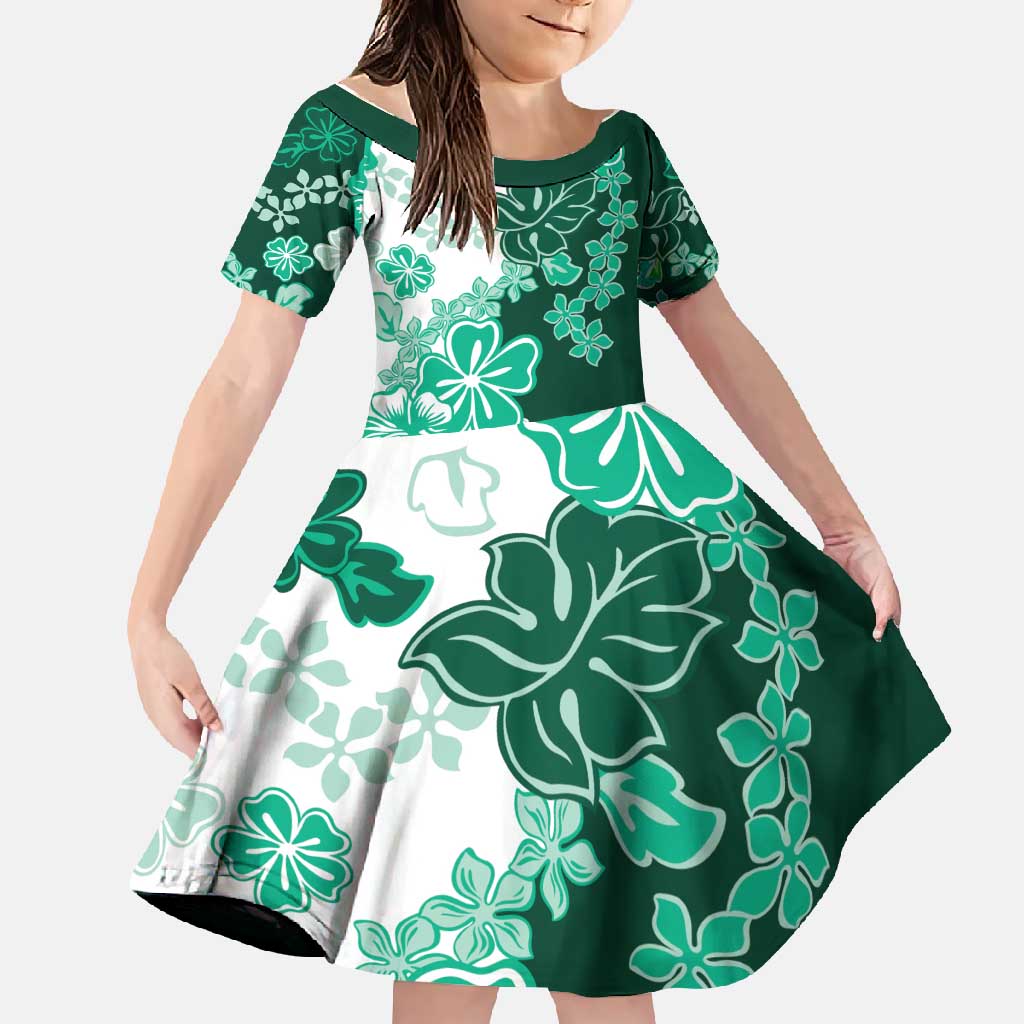 Green Hibiscus Plumeria Floral Family Matching Off Shoulder Maxi Dress and Hawaiian Shirt - Polynesian Pride