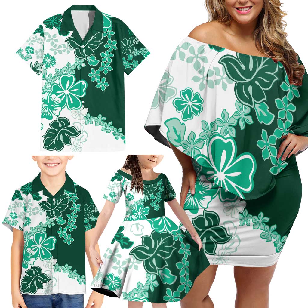 Green Hibiscus Plumeria Floral Family Matching Off Shoulder Short Dress and Hawaiian Shirt - Polynesian Pride