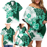 Green Hibiscus Plumeria Floral Family Matching Off Shoulder Short Dress and Hawaiian Shirt - Polynesian Pride