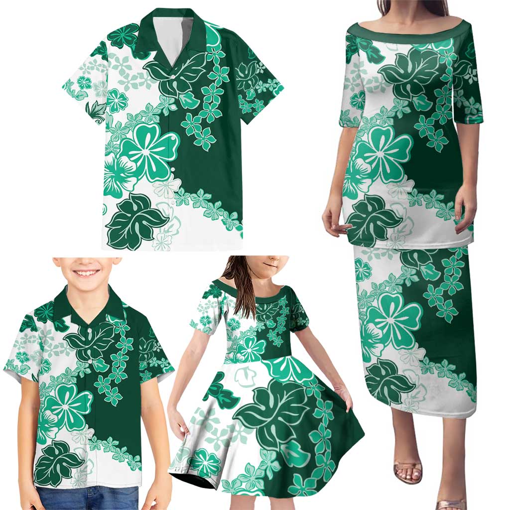 Green Hibiscus Plumeria Floral Family Matching Puletasi and Hawaiian Shirt - Polynesian Pride