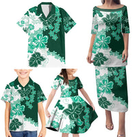 Green Hibiscus Plumeria Floral Family Matching Puletasi and Hawaiian Shirt - Polynesian Pride