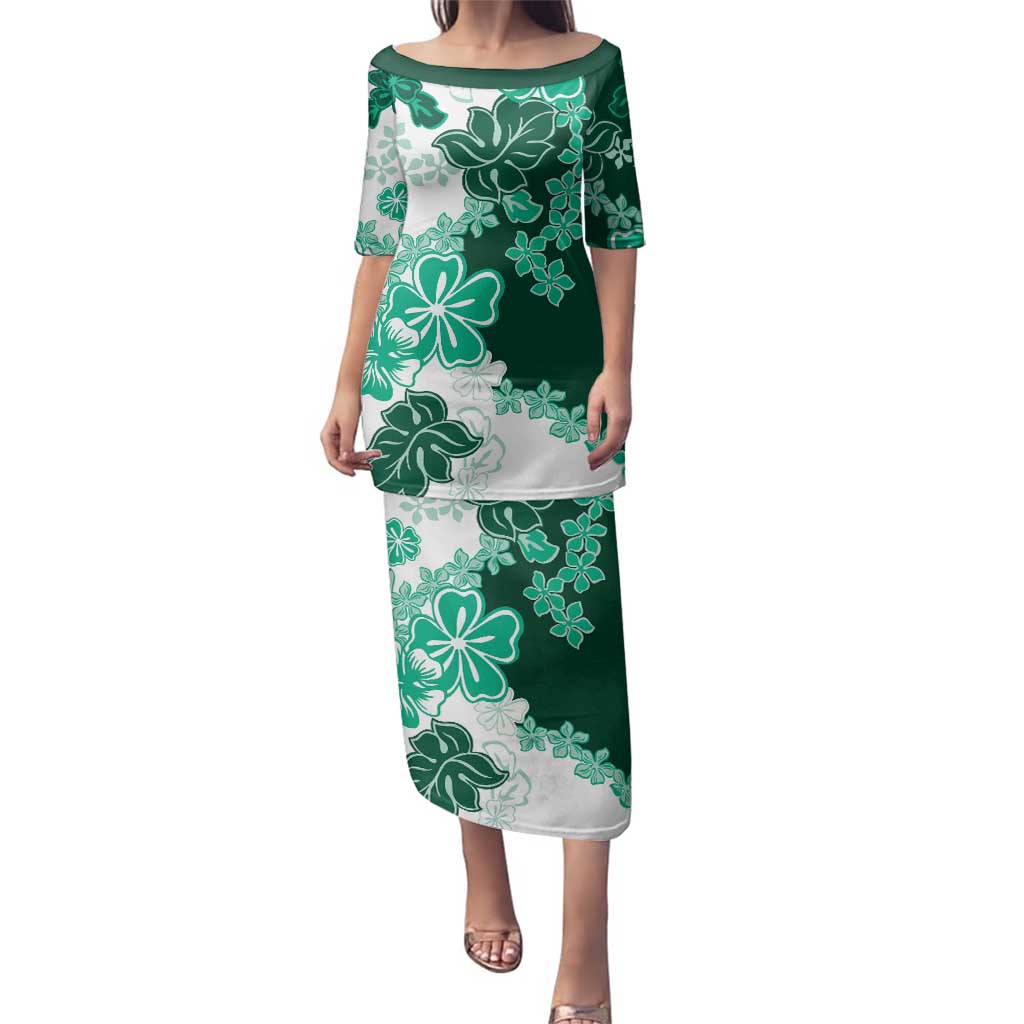 Green Hibiscus Plumeria Floral Family Matching Puletasi and Hawaiian Shirt - Polynesian Pride