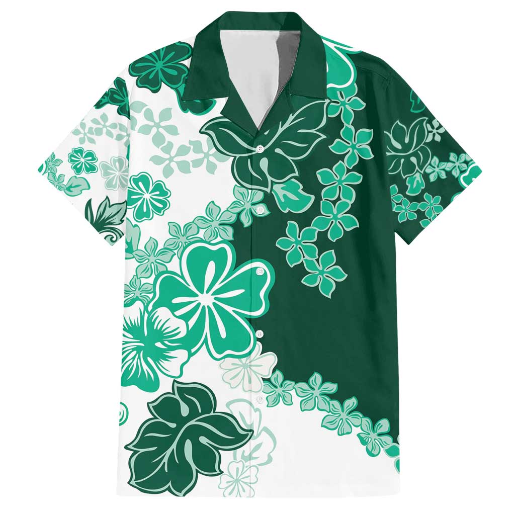 Green Hibiscus Plumeria Floral Family Matching Short Sleeve Bodycon Dress and Hawaiian Shirt LT01 Dad's Shirt - Short Sleeve Green - Polynesian Pride