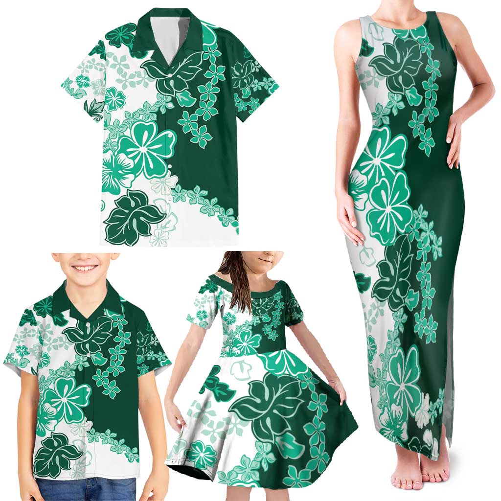 Green Hibiscus Plumeria Floral Family Matching Tank Maxi Dress and Hawaiian Shirt - Polynesian Pride