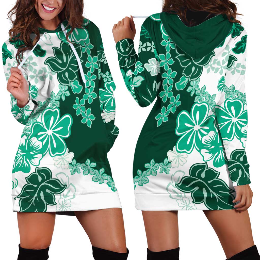 Green Hibiscus Plumeria Floral Hoodie Dress LT01 - Polynesian Pride