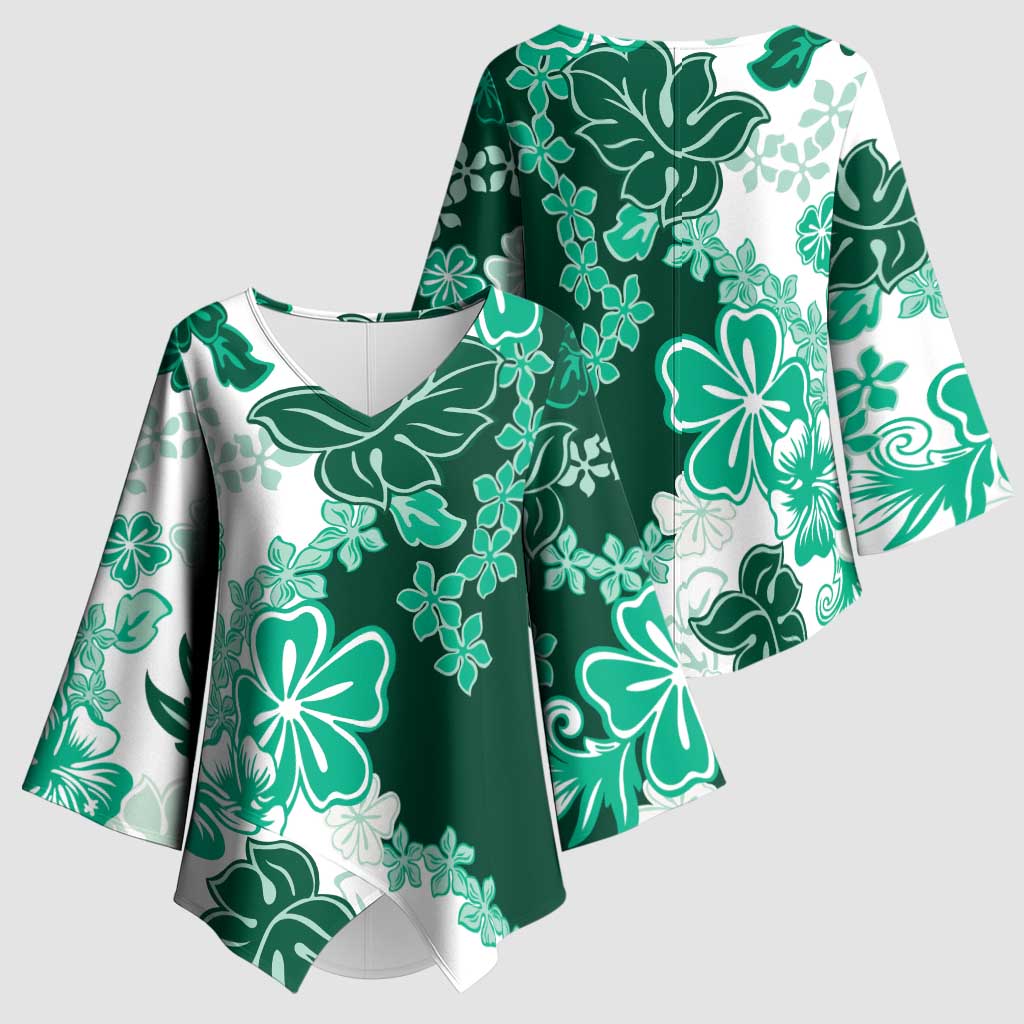 Green Hibiscus Plumeria Floral Kimono Sleeve Blouse - Polynesian Pride